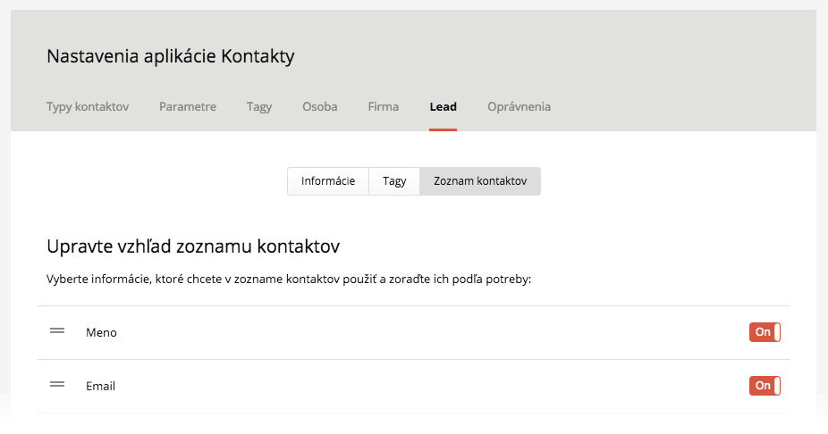 Nastavenie zoznamu kontaktov